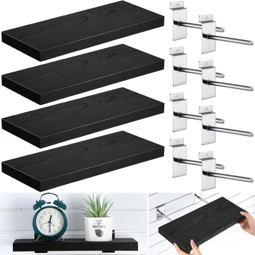 Vista 8 de Landical Paquete de 4 estantes de madera de pared de tablones, 16.1 pulgadas de profundidad x 6.7 pulgadas de ancho x 1.1 pulgadas de alto, estantes