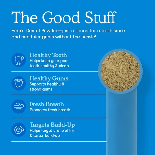 Vista 2 de Fera Pets Polvo de apoyo dental para gatos y perros, apoya el aliento fresco, promueve dientes y encías saludables, se dirige a la acumulación