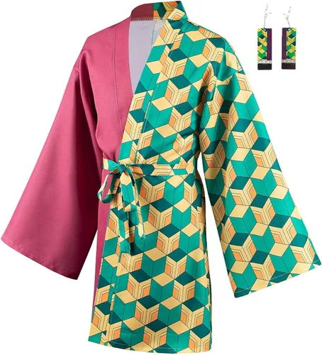 Vista 3 de Duwseal Tomioka Giyuu - Conjunto de bata para cosplay, kimono, chaqueta y aretes