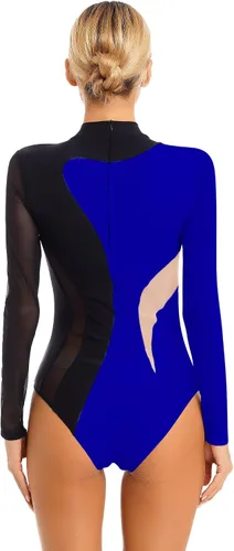 Vista 2 de iiniim Leotardo de malla para mujer, con diamantes de imitación, de malla, de manga larga, leotardos de gimnasia