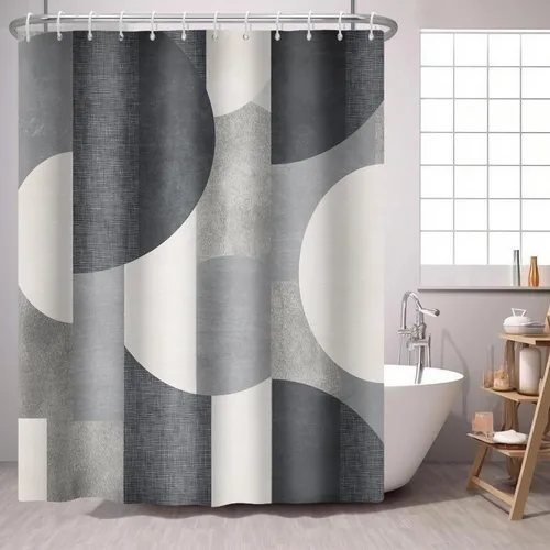 Vista 9 de Cortina de ducha azul marino con círculos geométricos abstractos y modernos, estilo contemporáneo, cortinas de ducha de tela impermeable gris