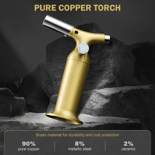 Vista 2 de RAVS Encendedor Antorcha de Butano con Diseño de Cobre Sólido, Encendedor Antorcha de Cocina con Llama Ajustable, Soplete Recargable para Crème