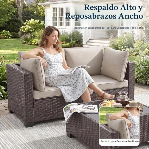 Vista 6 de ANJ Juego de muebles de mimbre para patio de 3 piezas, sofá modular de dos plazas con mesa de centro de cristal, juego de sofá de conversación
