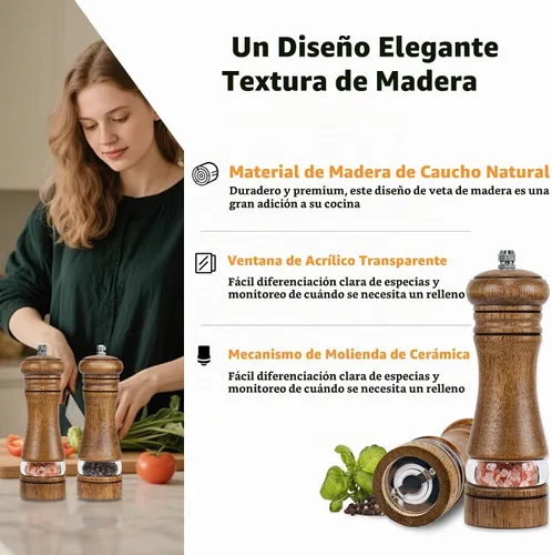 Vista 4 de Haomacro Juego de molinillo de sal y pimienta de madera, molinos de Molinillo de sal recargable con molinillo de pimienta con ventana visible
