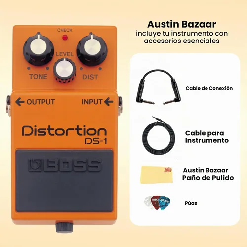 Vista 2 de Boss Paquete de distorsión DS-1 con cable de instrumento Gearlux, cable de conexión, púas y paño de pulido de Austin Bazaar Paquete con cable