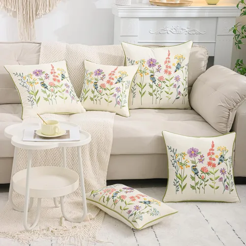 Vista 9 de Juego de 2 fundas de almohada bordadas de 16 x 16 pulgadas, diseño vintage de pájaros con flores, fundas de almohada de granja para almohada, fundas