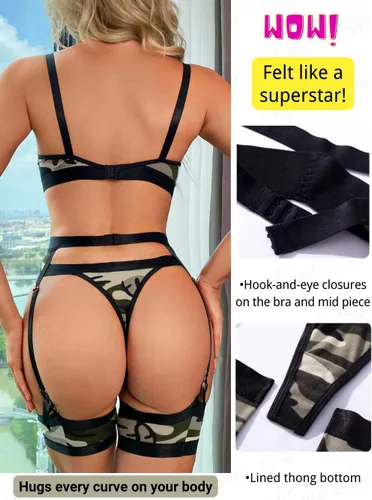 Vista 3 de Lenceria con liguero para mujer, conjunto de encaje traslúcido y sexy de 4piezas
