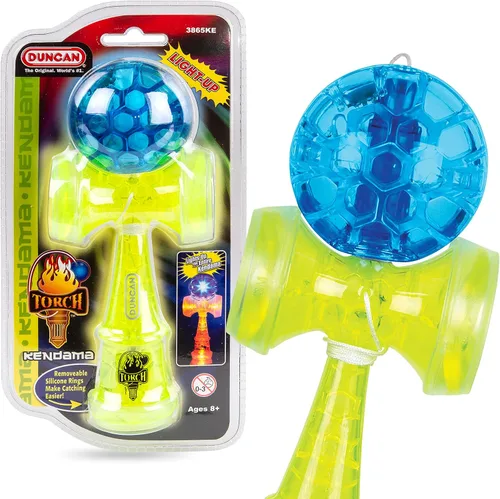 Vista 4 de Duncan Juguetes antorcha Kendama juguete iluminado, verde y azul Base iluminada y Tama, policarbonato de alto impacto, anillos de copa extraíbles