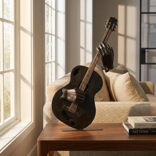 Vista 6 de SunBlogs Art - Decoración de guitarra de metal de 23 pulgadas de alto, escultura musical hecha a mano (negro) Hand-painted Metal Statue, Western