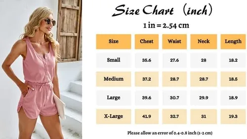 Vista 6 de Mafulus Overol de verano para mujer, con cuello redondo, sin mangas, con botones, cintura elástica, pantalones cortos con bolsillos