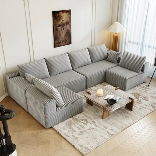 Vista 22 de Sofá modular modular de 139.4 pulgadas, sofás minimalistas en forma de L con diván de asiento medio, moderno sofá convertible de asiento profundo