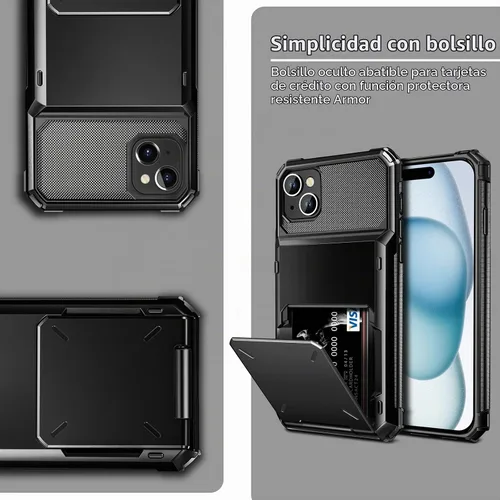 Vista 5 de Vofolen Funda compatible con iPhone 15 con soporte para tarjetas, funda de doble capa de 4 tarjetas, resistente a prueba de golpes, ranura