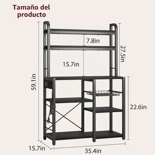 Vista 6 de IDEALHOUSE Estante para panaderos con toma de corriente, barra de café con cajón de alambre, soporte industrial para microondas, mesa de buffet