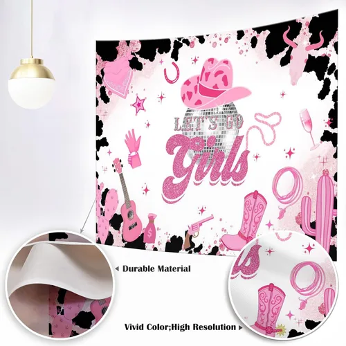 Vista 2 de Mocsicka Telón de fondo de disco de vaquera rosa con texto en inglés "Let's Go Girls", pancarta de cumpleaños para despedida de soltera, fin
