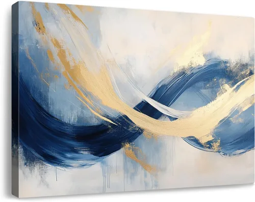 Vista 27 de Lienzo abstracto grande para pared, pinturas artísticas modernas de acuarela, fantasía negra y azul, graffiti colorido sobre fondo blanco