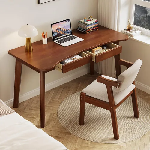 Vista 4 de Escritorio para computadora con 2 cajones, escritorio moderno de oficina en casa, mesa de estudio curvada de madera maciza (31 pulgadas, natural)