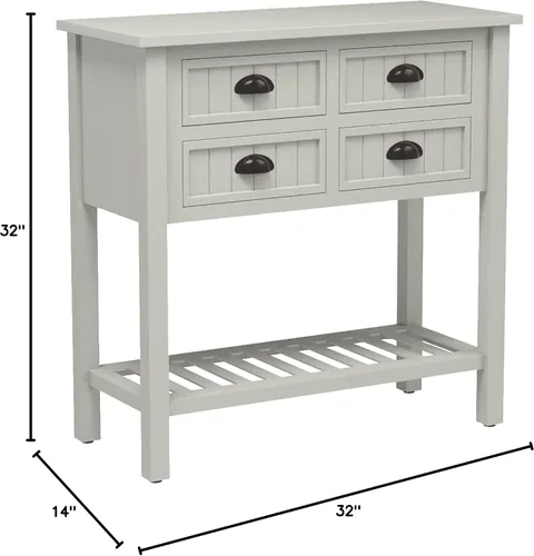 Vista 2 de Bailey Bead Board Mesa consola de madera con cuatro cajones con estante, acabado blanco antiguo