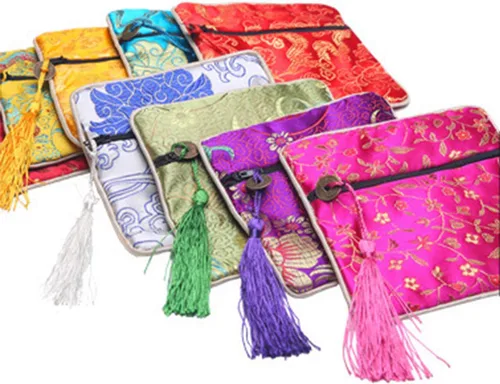 Vista 2 de EAVOQLB 16 unids tradicional brocado bolsa bordado bolsa joyería bolsa Shu Jin flecos cartera cremallera bolsa valor conjunto