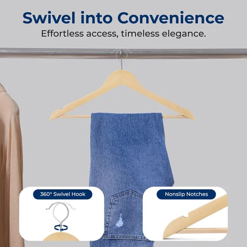 Vista 6 de SereneLife Paquete de 30 perchas de madera resistente – Juego de perchas de madera maciza con gancho giratorio de 360°, barra para pantalones
