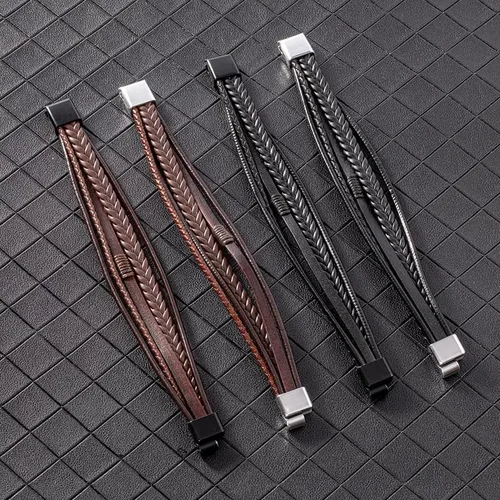 Vista 5 de Pulsera trenzada marrón casual de cuero negro para hombre