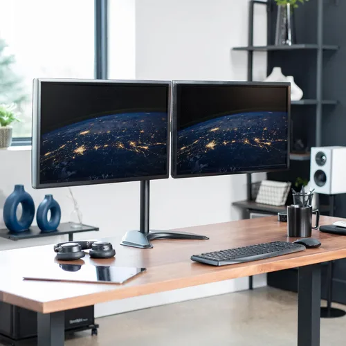 Vista 2 de VIVO STAND-V002F Soporte de escritorio independiente para monitores LED LCD dual de hasta 27 pulgadas, brazos totalmente ajustables de alta Negro
