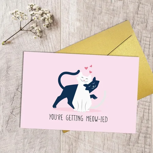 Vista 5 de Qiliji Tarjeta de compromiso de gato linda, divertida tarjeta de felicitación de boda, tarjetas de juego de palabras "You're Getting Meow-ied Married