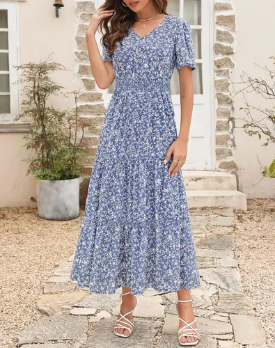 Vista 2 de Zattcas Vestido largo casual de verano para mujer 2023, manga corta, cuello en V, fruncido, escalonado, modesto, floral, bohemio, vestido maxi