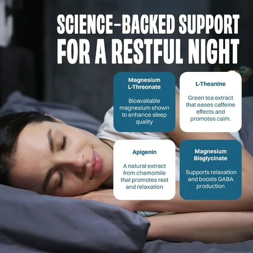 Vista 5 de Suplemento de magnesio para dormir, treonato de magnesio, bisglicinato de magnesio quelado, L-teanina y apigenina, ayuda para dormir, potente mezcla