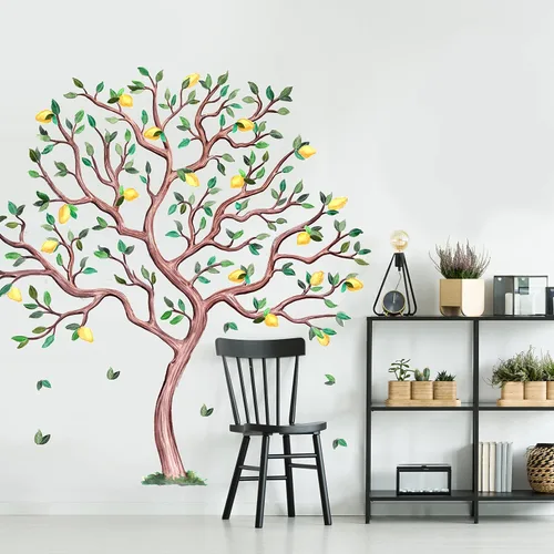 Vista 4 de Calcomanías de pared grandes de árbol de cítricos con acuarela, juego de calcomanías de limón o naranja (limón)