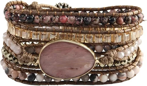 Vista 11 de Women Boho Wrap Bracelet Natural Jasper Crystal Stone Bead Strand Bracelets Marrón
