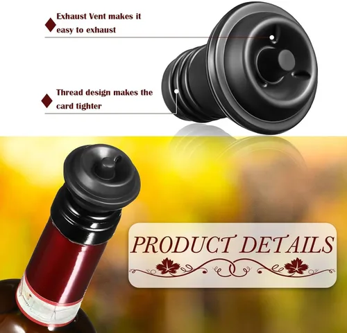 Vista 3 de Honoson 6 tapones de vino con bomba resellable, ahorro de silicona al vacío, práctico para suministros de cocina, herramientas de botella (negro)