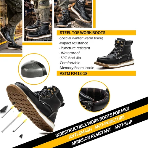 Vista 3 de KELODON Botas impermeables con punta de acero para hombres, botas de trabajo de cuero de 6 pulgadas, botas de construcción indestructibles, botas