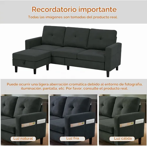Vista 5 de Sofá Seccional Sofás para Sala de Estar, Sofás Seccionales Modulares de 3 Asientos en Forma de L con Almacenamiento y Chaise Reversible, Tela