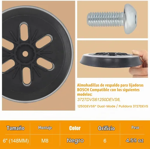 Vista 5 de Almohadilla de lijado de repuesto de 6 pulgadas compatible con lijadoras orbitales Bosch ROS65VC 1250DEVS 3727DVS 3727DEVS, almohadilla de respaldo