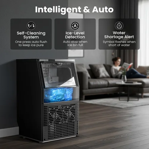 Vista 5 de Kismile Máquina comercial para hacer hielo, 66 libras/24 horas, temporizador de 24 horas, panel LCD, autolimpieza, acero inoxidable