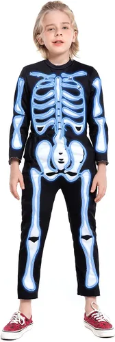 Vista 7 de HSCTEK Disfraz de esqueleto iluminado para niños, disfraz LED de Halloween Verde