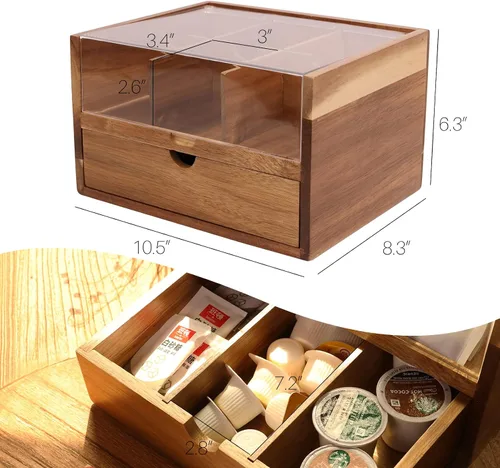 Vista 5 de HTB Organizador de té grande de 2 niveles con cajón y caja de té pequeña