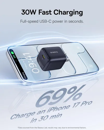 Vista 2 de Baseus - Bloque de cargador USB C de 30 W, paquete de 2 cargadores rápidos tipo C con cable USB-C, cargador de pared compacto para iPhone 17/16/15