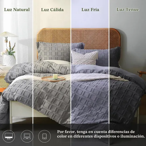 Vista 3 de MILDLY Juego de funda de edredón de tejido gofre, funda de edredón gris copetuda, 100% microfibra lavada, suave y transpirable, con textura, cierre