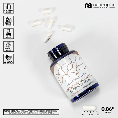 Vista 3 de Nootropics Depot Cápsulas de glicinato de magnesio 180 unidades Suplemento mineral Suplemento de magnesio Apoya la salud del corazón