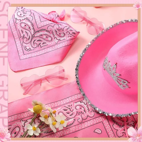 Vista 4 de Zhanmai 12 piezas de sombrero de vaquera con lentes de corazón y bandana con corona de tiara