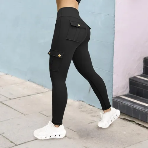 Vista 2 de Pantalones de yoga de cintura alta para mujer, con bolsillos, elásticos, cónicos, para entrenamiento, levantamiento de glúteos, pantalones deportivos