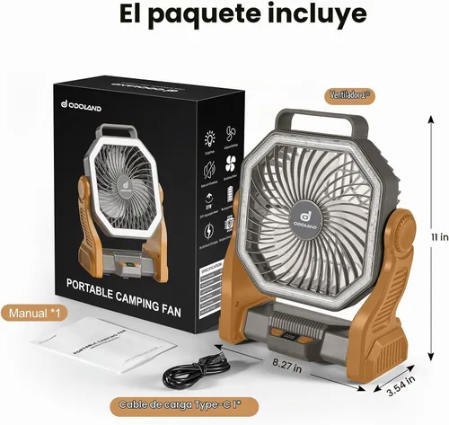 Vista 6 de Odoland Ventilador de campamento recargable, ventiladores de batería de 20000 mAh con linterna LED para tienda de campaña, auto, tormenta de playa