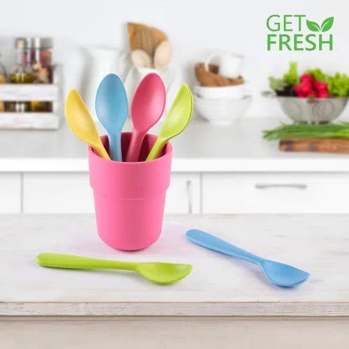 Vista 4 de GET FRESH Juego de cucharas de bambú para niños, paquete de 4 cucharas reutilizables de fibra de bambú para uso diario, cubiertos grandes de bambú