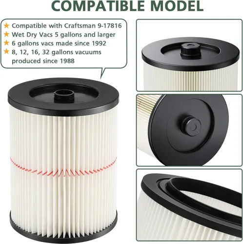 Vista 3 de 9-17816 - Filtro de cartucho de vacío de rayas rojas de repuesto compatible con Craftsman Wet/Dry 5/6/8/12/16/32 galones y más grandes (paquete de 2)