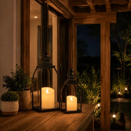 Vista 6 de DARJEN Farol Moderno de Granja para Decoración de Exteriores e Interiores - Faroles de Vela de Metal Negro de 15'' 12'' para Navidad, Faroles