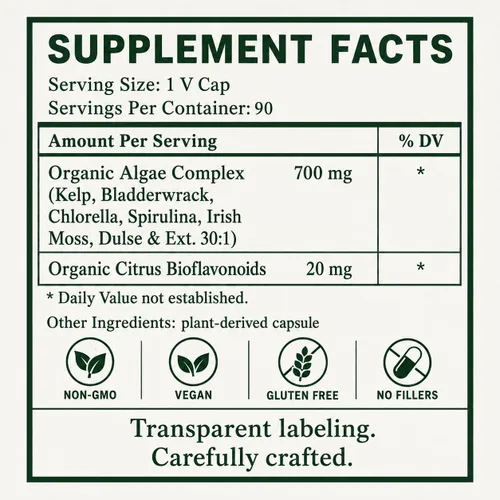 Vista 3 de Algas, Fucoidan, Algas Verde Azul, Algas Kelp, Vejiga, Clorella, Espirulina, Musgo Irlandés, Dulse, 90 VCaps, Alta Absorbibilidad, Sin OGM, Sin