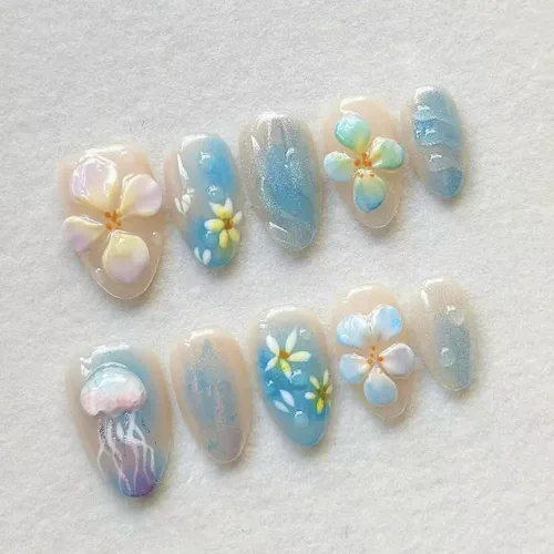 Vista 29 de Uñas postizas a presión medianas con diseño geométrico blanco almendra – 24 uñas postizas reutilizables de ABS brillante, fácil de aplicar, juego