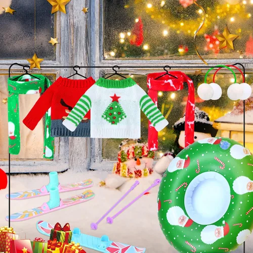 Vista 5 de Hungdao Juego de 9 accesorios para muñecas de Navidad, incluye orejeras, bufanda suave, suéter acogedor, tubo inflable para nieve, accesorio de ropa