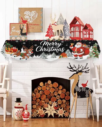 Vista 3 de Bufanda de repisa de Navidad de 60 x 17 pulgadas, decoración de chimenea de Papá Noel de Navidad color negro, cubierta de mantel de invierno